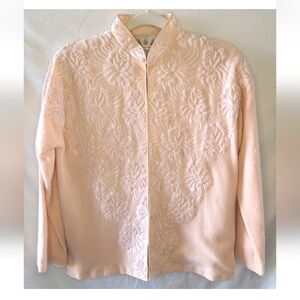 Vintage 50s Beaded Pink Lambswool Cardigan from Hong Kong Size 40 / M